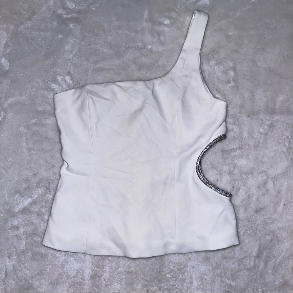 Zara White One Shoulder Silver Rhinestone Embellished Cutout Top Size Medium